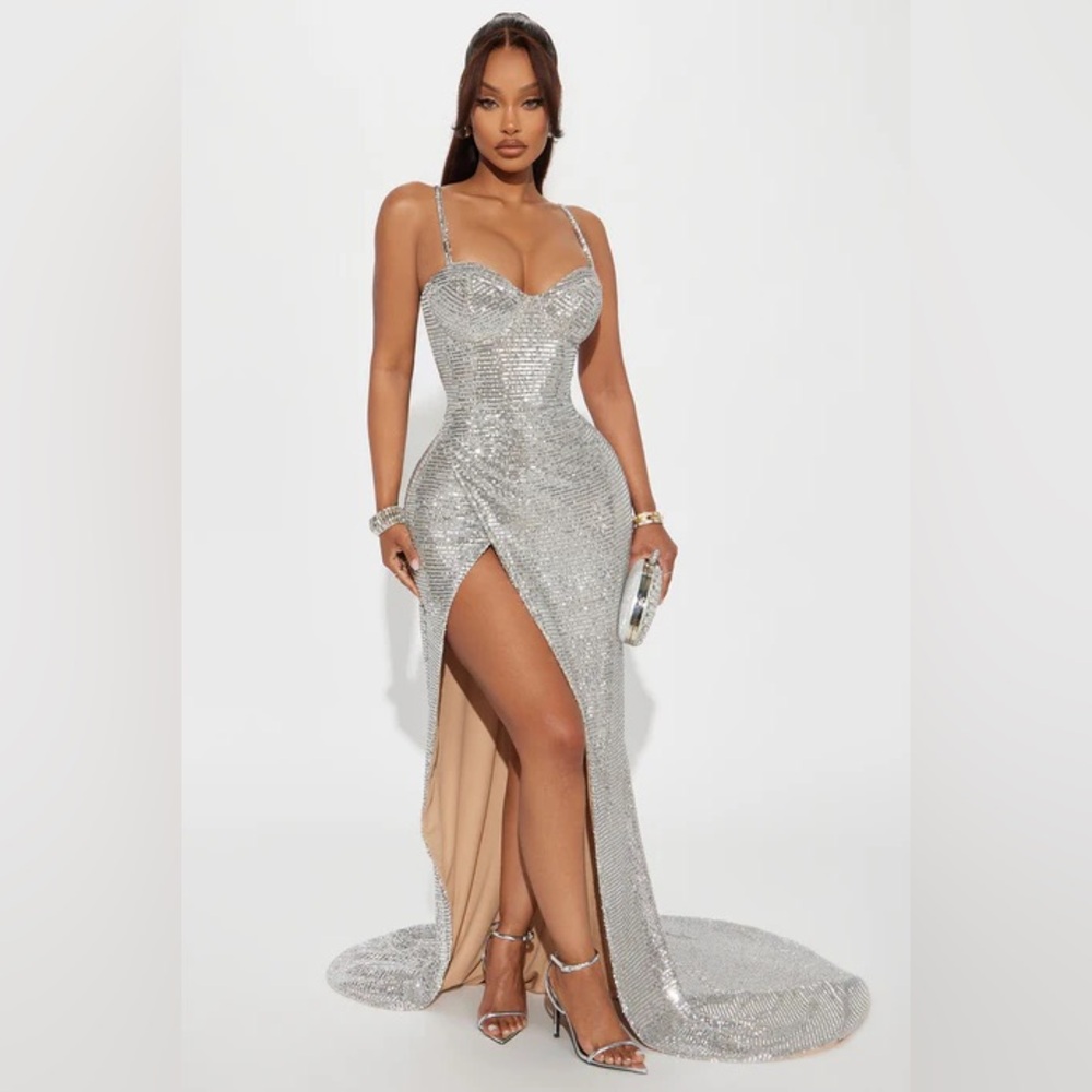 Fashion Nova Silver Embellished Sequin High Slit Long Maxi Sleeveless Gown Dress